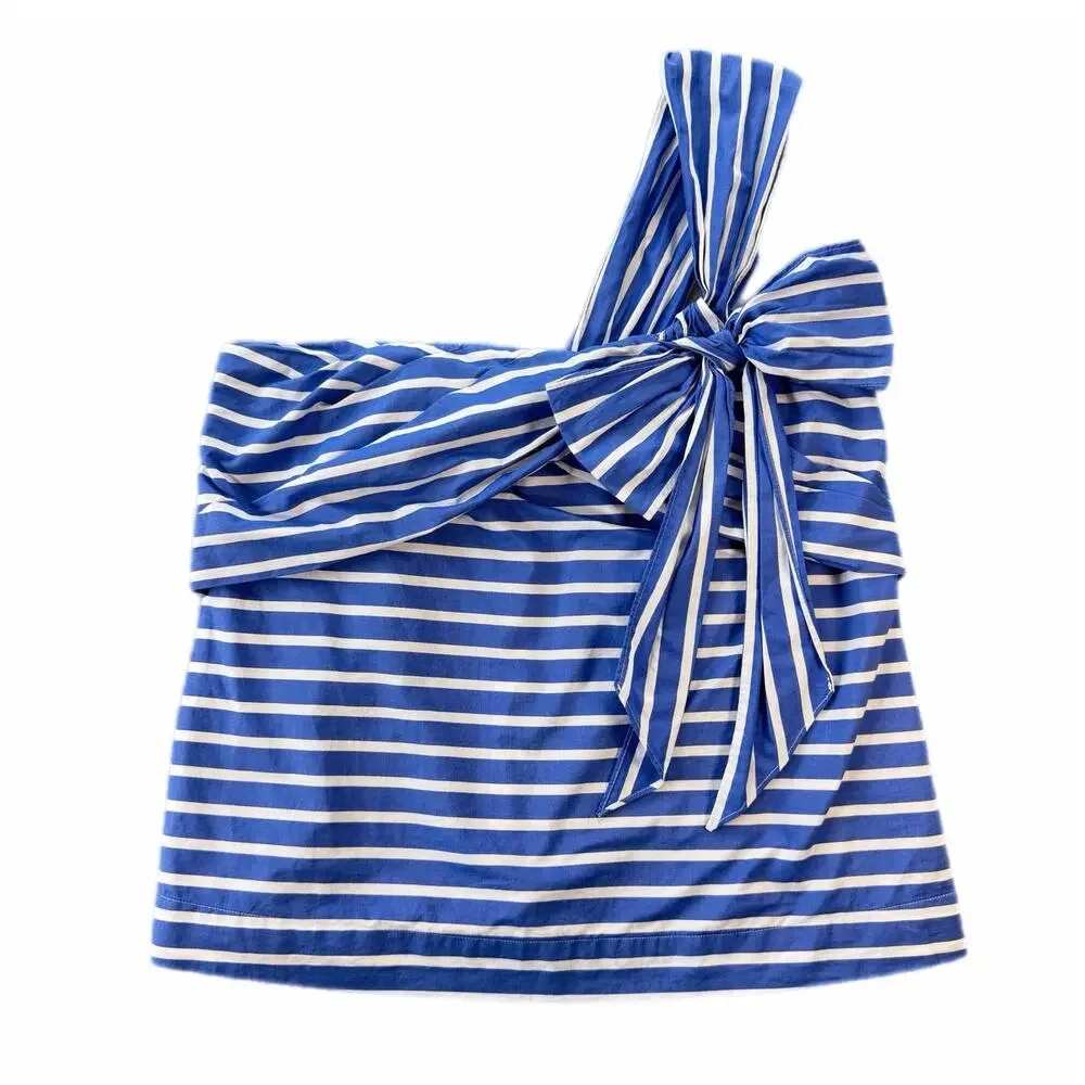 J. Crew Blue Stripe One Shoulder Oversized Bow Asymmetrical Coastal Blouse Top
